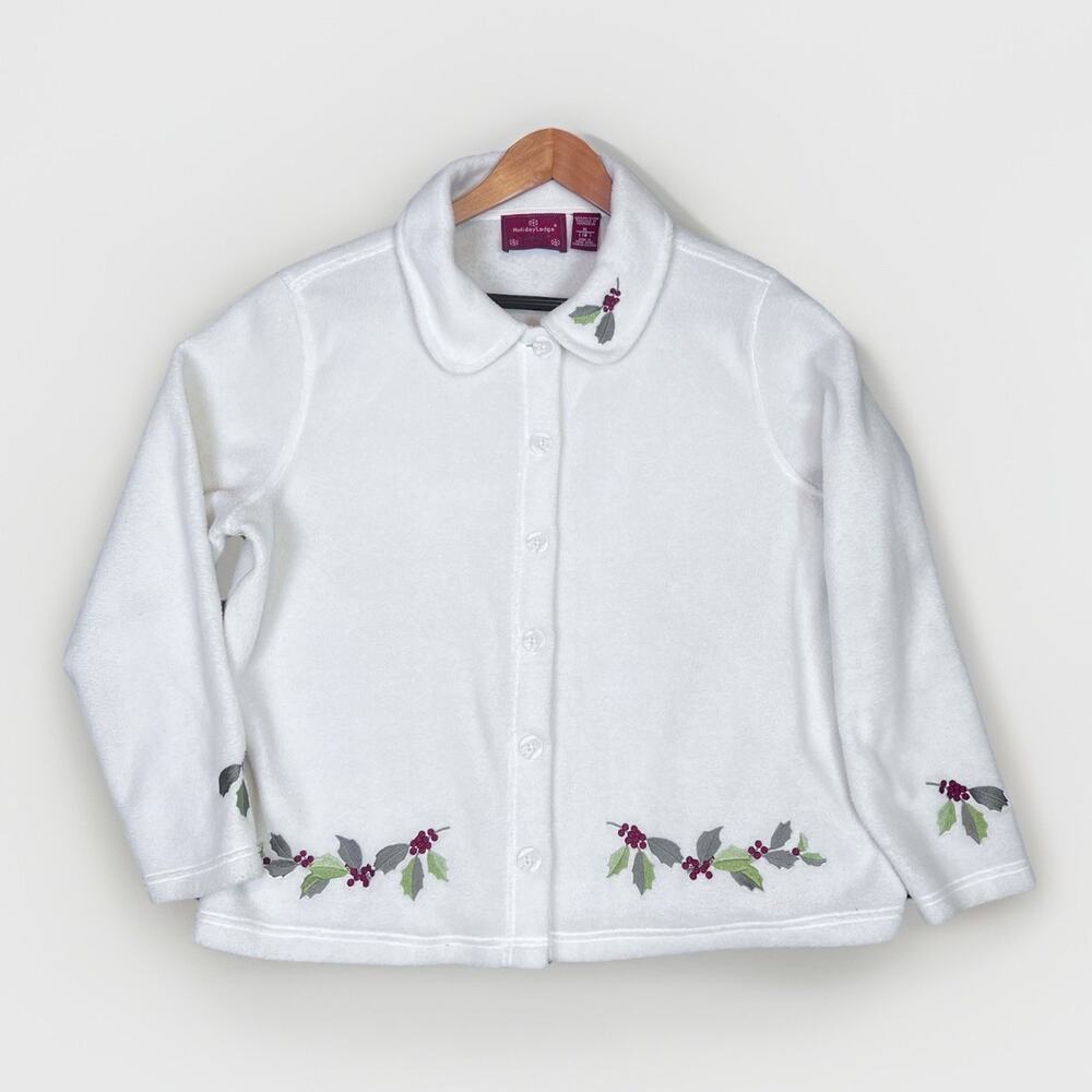 Northcrest Holiday Lodge Women’s Fleece Sweater Size XL White Mistletoe VTG